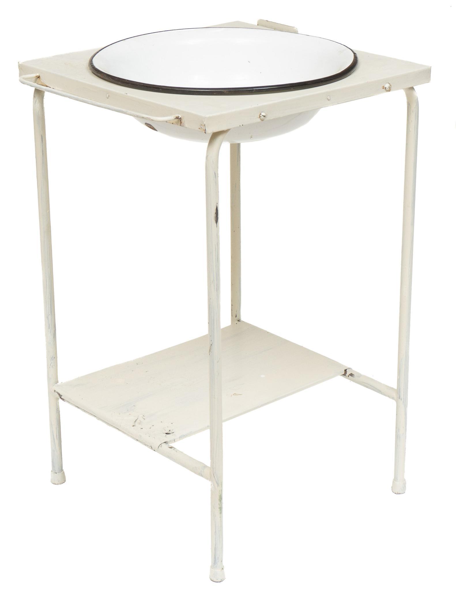 Farmhouse Wash Basin in Stand: Traditional country poecelain enameled wash basin in white metal stand, with bottom tier 29.5"h x 19.5"w x 17.5"d We happily provide seamless shipping services on everything we sell. Please email u