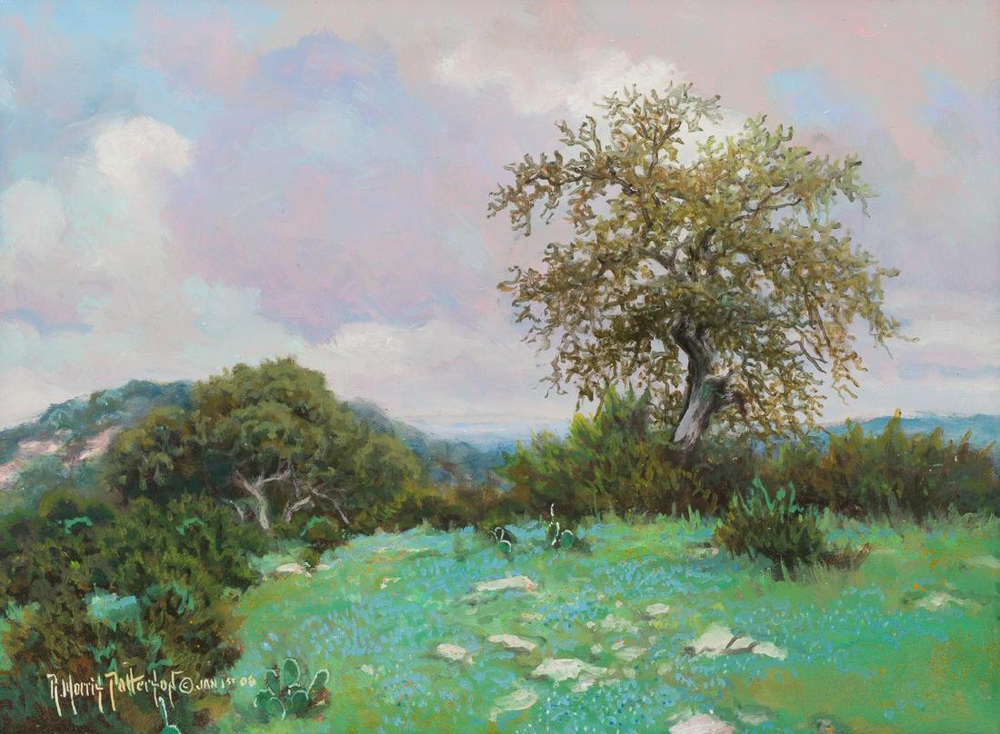 Rick Morris Patterson (b. 1958), Bluebonnets, 2006: Rick Morris Patterson (b. 1958), bluebonnets and oak, dated 2006, oil on canvas, framed image: 12"h x 16"w, frame: 19.25"h x 23.25"w Rick Patterson was born in Temple, Texas in October of 1958. He kne