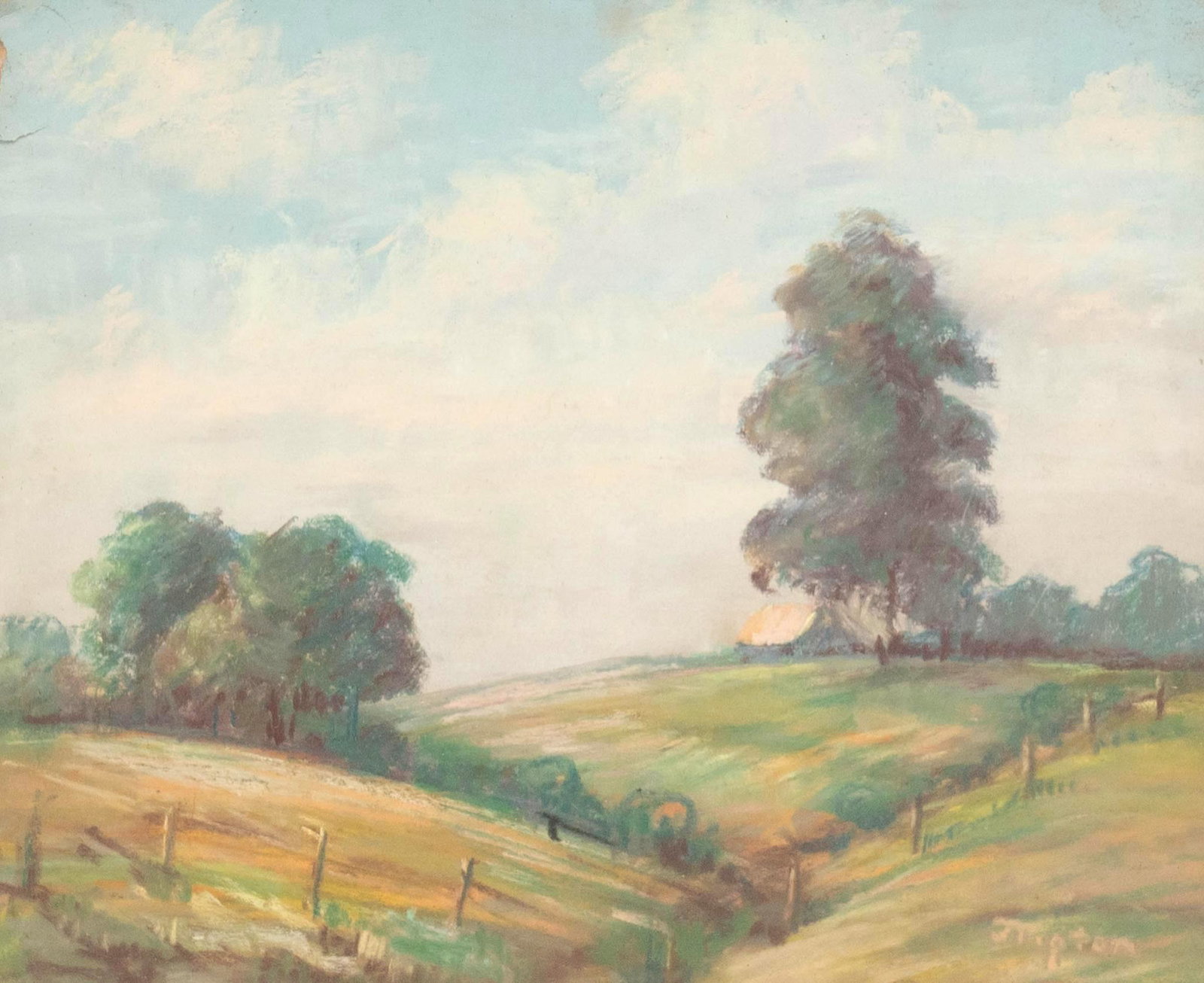 Jocelia Tipton (1895-1996), Rolling Hills Landscape: Jocelia Tipton (1895-1996), rolling hills landscape, pastel, framed image: 9"h x 11"w, frame: 18.25"h x 20.5"w Condition: Paper ripped in top left corner Jocelia Tipton, Dallas artist, was born in Mix