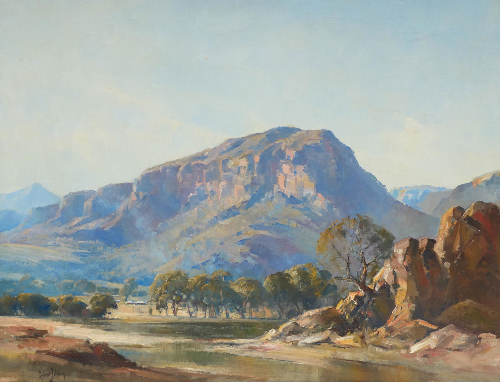 Robert Johnson, Mountain River: Robert Johnson, mountain river, oil on canvas, framed sight: 28.5"h x 35.5"w, frame: 36.5"h x 44.5"w We happily provide seamless shipping services on everything we sell. Please email us at shipping@