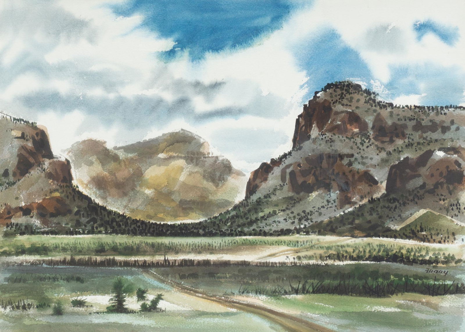 Michael Frary (1918-2005), Mountain Landscape: Michael Frary (1918-2005), mountain landscape, watercolor, framed sight: 21.5"h x 29.5€Âw, frame: 31"h x 39€Âw Michael Frary is recognized as one of Texas's most noted Modernist painters