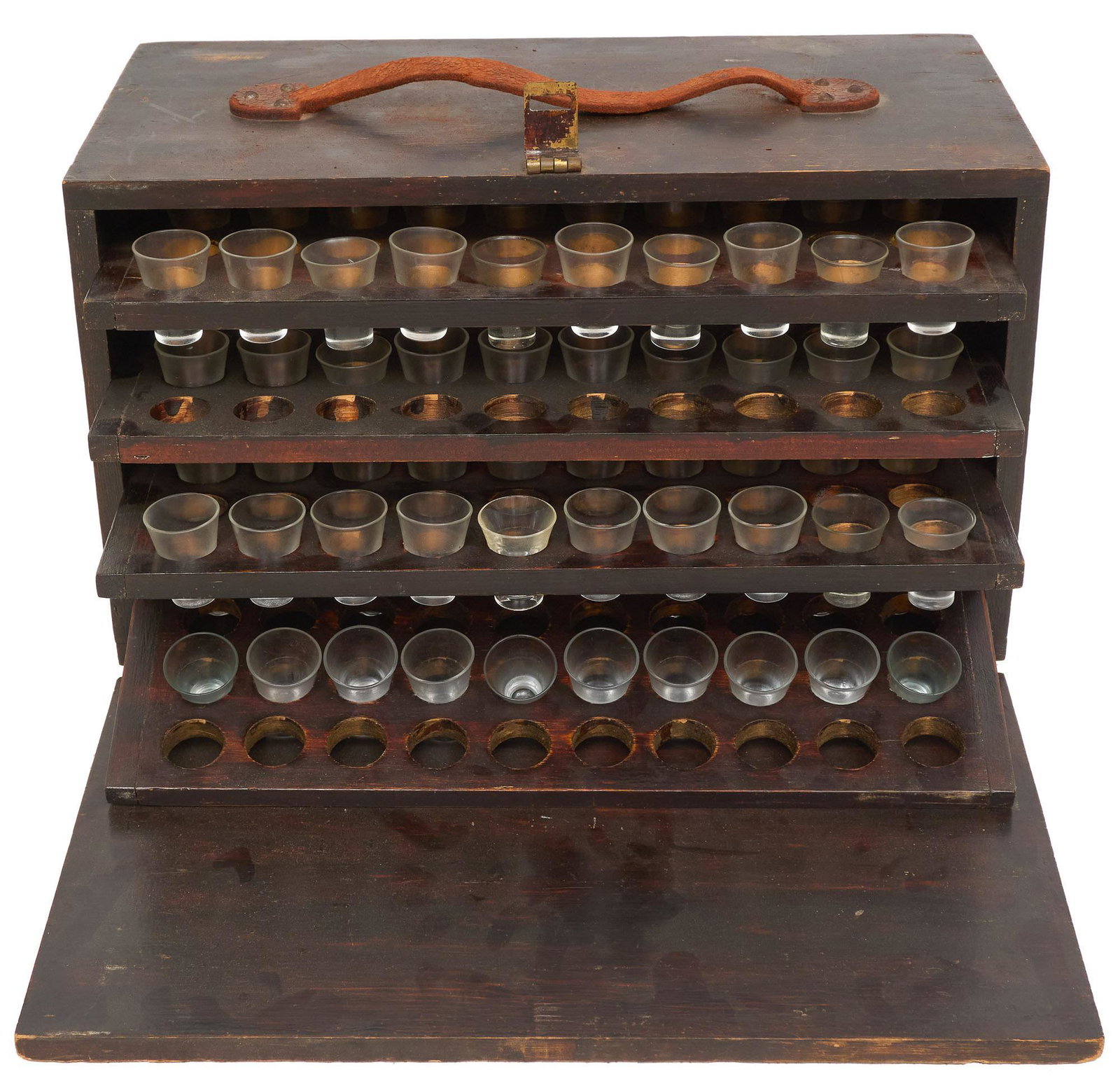 Boxed Set of Communion Glasses: Set of communion glasses in original wooden carrying-case, having top handle 9.5"h x 16"w x 8.6"d Provenance: A Hill Country Village, Texas collection We happily provide seamless shipping services on 
