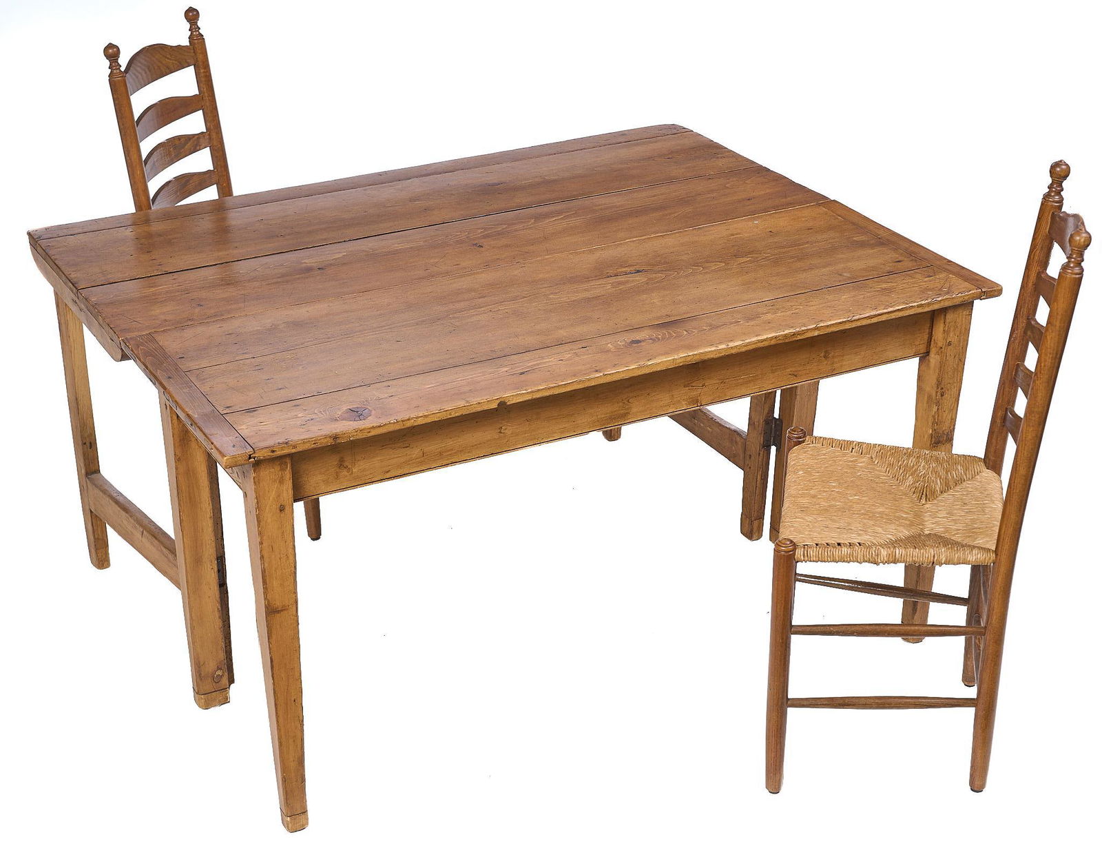 Extendable Farmhouse Table and Chairs: Extendable farmhouse table with pair of ladderback chairs offering woven cane seats, all rising on pin legs 30.5"h x 60"w x 46"d/ fully extended, 42"h x 19"w x 16"d/ chair Provenance: An Alamo Heigh
