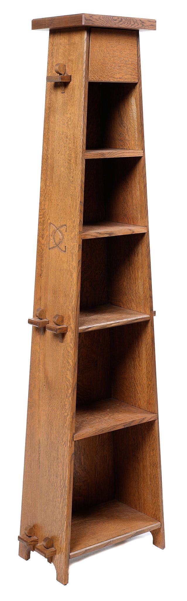 Tapered Rustic Bookshelf: Rustic bookshelf featuring five shelves, tapered towards top, rising on block feet 73"h x 21"w x 11"d Provenance: An Alamo Heights, Texas collection We happily provide seamless shipping services on ev