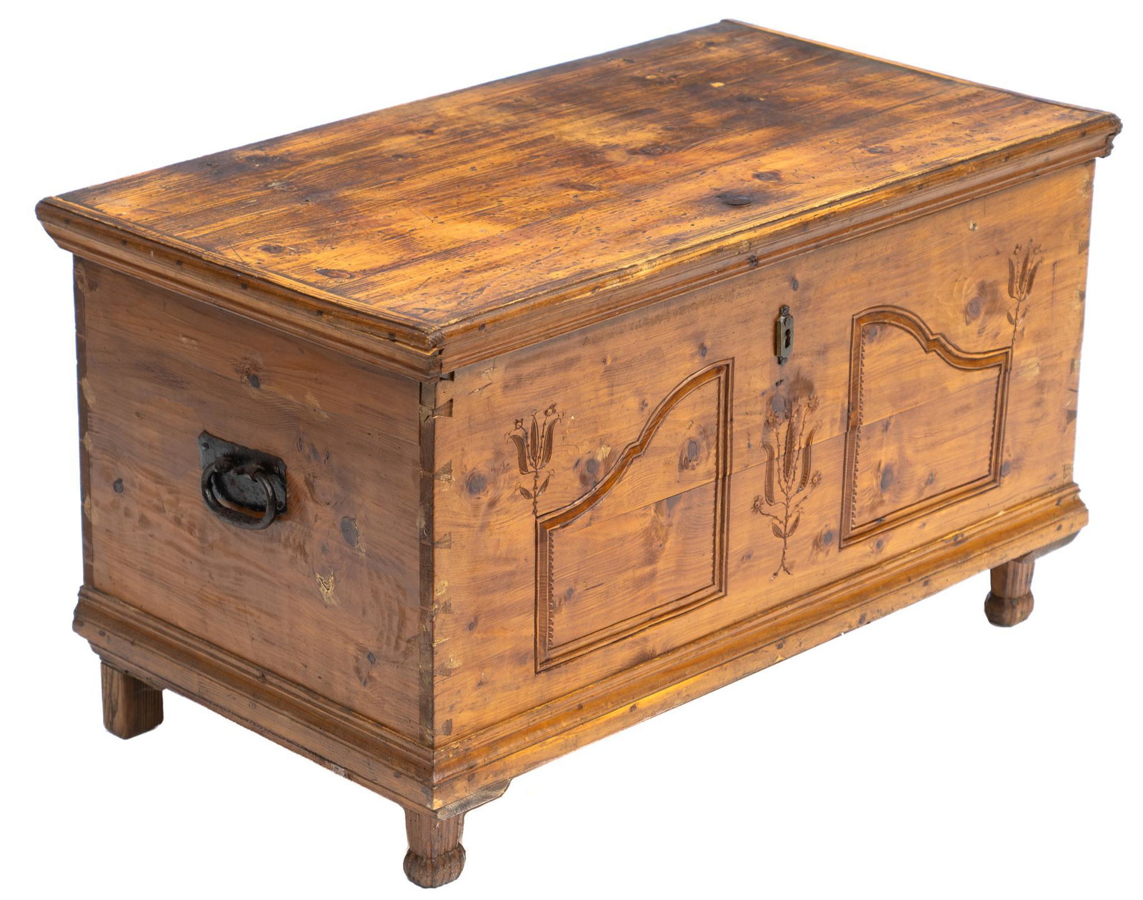 Farmhouse Trunk: Farmhouse wooden trunk, featuring carved and iron accents, with hinged lid that opens to storage compartment, rising on tapered legs 26"h x 45"w x 25"d We happily provide seamless shipping services on
