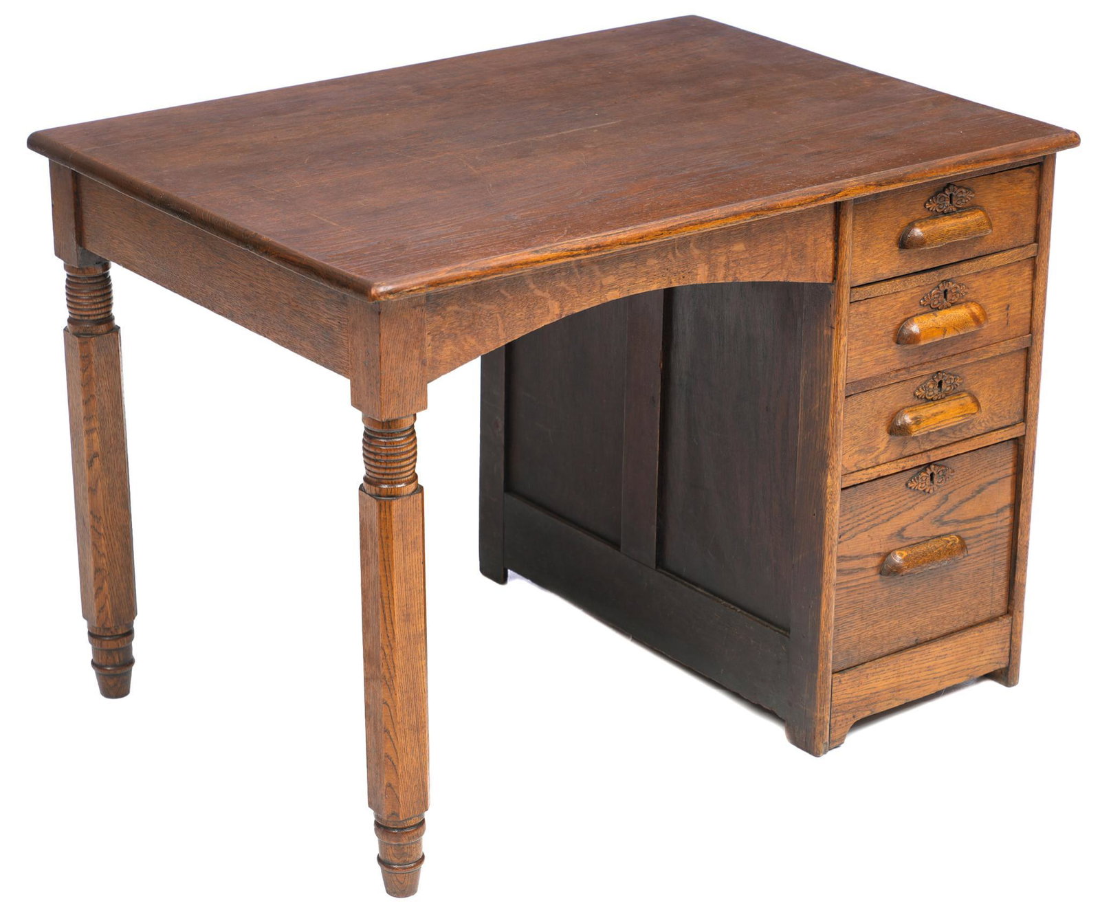 Early American Bankers Desk: Early American bankers desk, featuring four drawers under rectangular top, with turned legs 30"h x 42"w x 29.5"d Provenance: An Olmos Park, Texas collection We happily provide seamless shipping servic