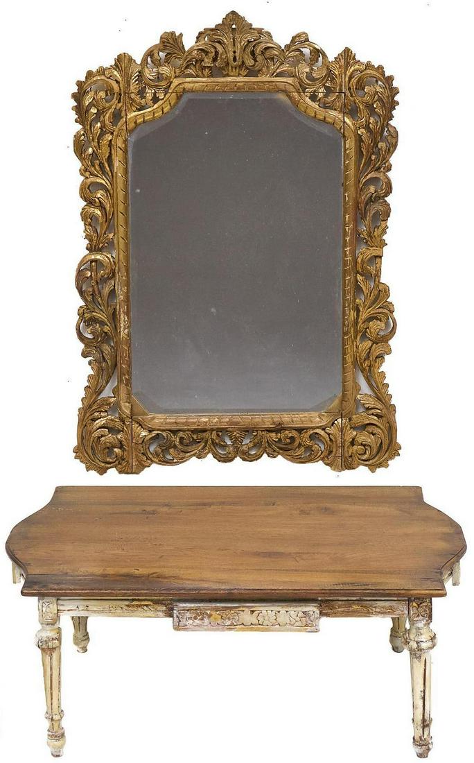 French Provincial Mirror and Hall Console: French Provincial wall hanging mirror with carved ornate frame, with dual tone hall console table, rising on turned legs with single drawer 17.5"h x 41"w x 22"d/ console, 44"h x 30"w/ mirror We happil