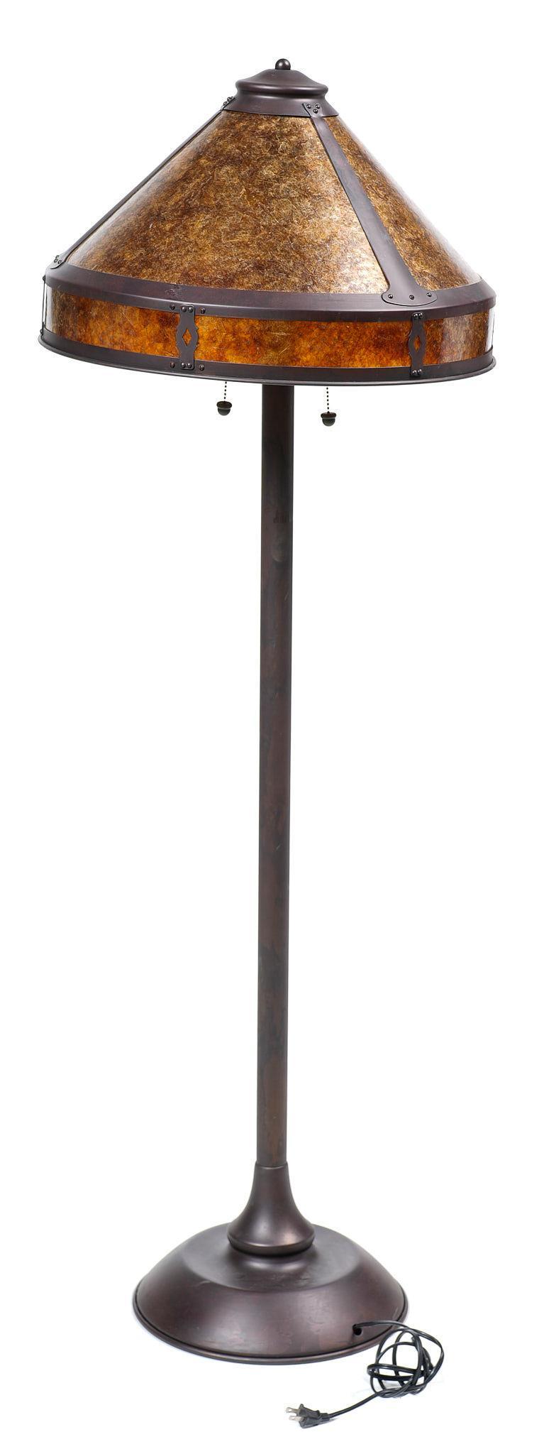 Mica Lamp Co. Mission Floor Lamp: Mica Lamp Co. Mission floor lamp featuring copper shade, three bulbs with brass pulls 59"h x 22"d Provenance: An Alamo Heights, Texas collection We happily provide seamless shipping services on everyt