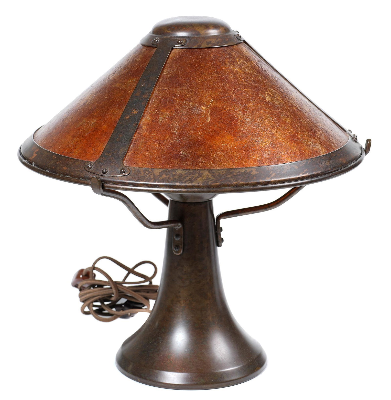 Mica Lamp Co. Mission Table Lamp: Table lamp featuring flanged metal base and wide shallow copper shade 14"h x 15"d Provenance: An Alamo Heights, Texas collection We happily provide seamless shipping services on everything we sell. Pl