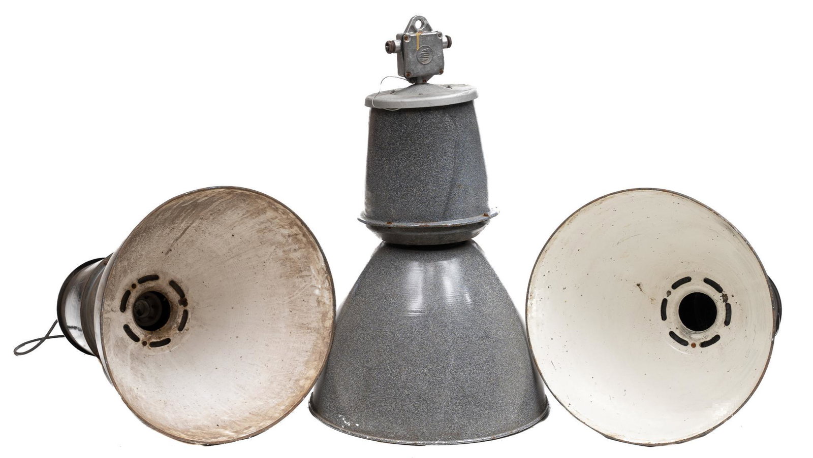 Set of 3 Industrial Light Fixtures: Set of three industrial metal light fixtures 35"h x 23"w/ largest We happily provide seamless shipping services on everything we sell. Please email us at shipping@vogtauction.com or call 210-971-5750 