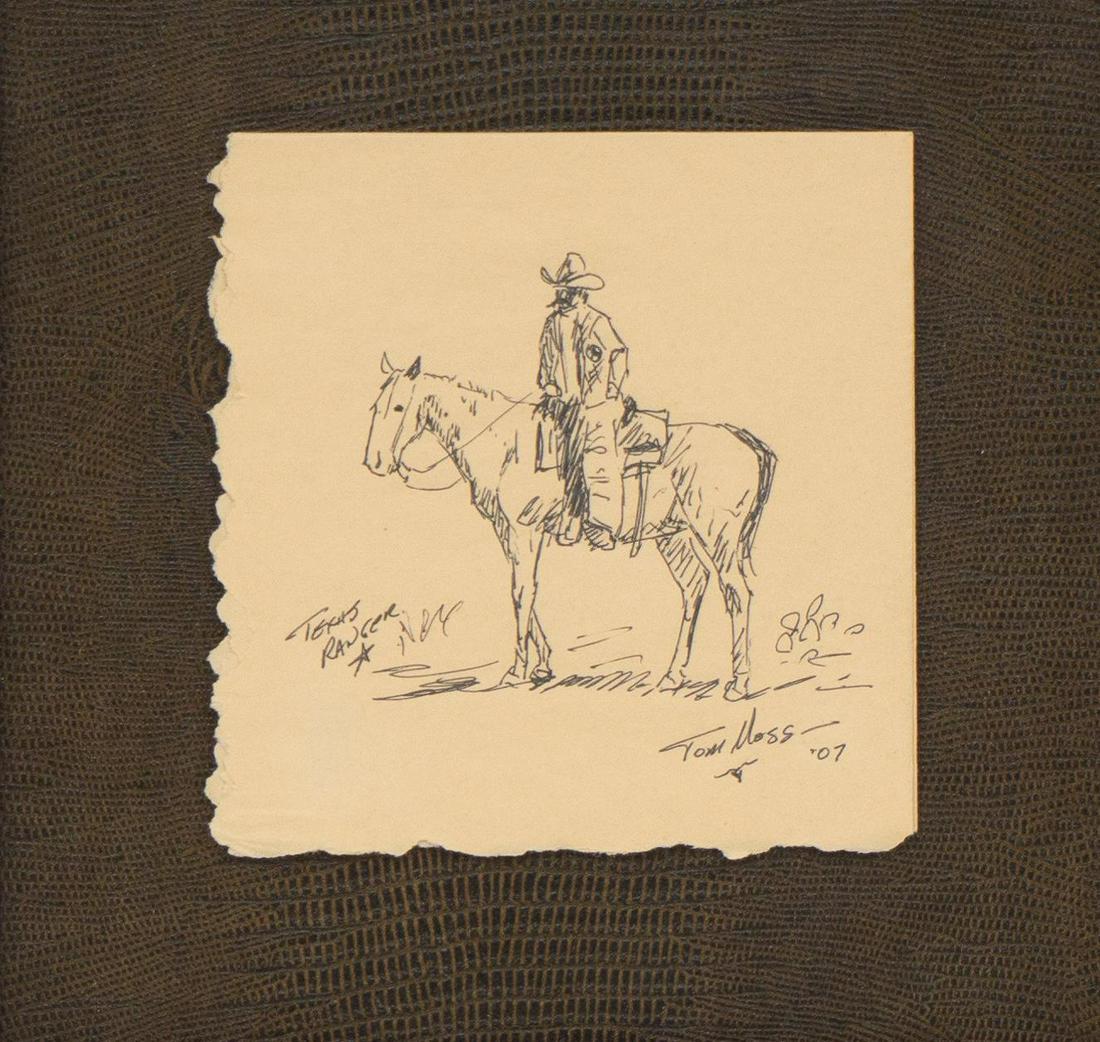 Tom Moss (B. 1936), Texas Ranger, 2007: Tom Moss (B. 1936), Texas Ranger, dated 2007, ink on paper, framed sight: 6.5"h x 6.25"w, frame: 14"h x 14"w Provenance: A Comfort, Texas collection We happily provide seamless shipping services on ev