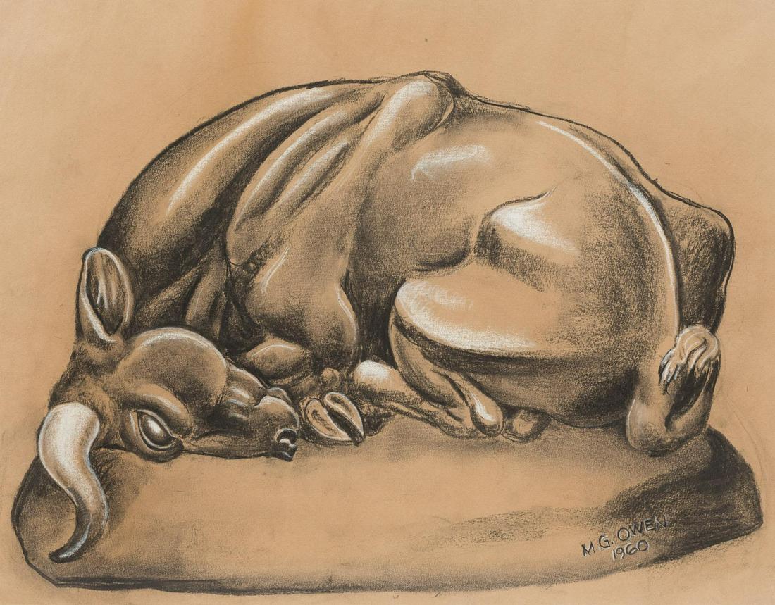 Michael Owen (1915-1976), "Resting Bull", 1960: Michael Owen (1915-1976), titled "Resting Bull", dated 1960, charcoal on paper, framed image: 18"h x 24"w, frame: 26"h x 31"w An animal and figure sculptor, painter, craftsperson and illustrator, Mich