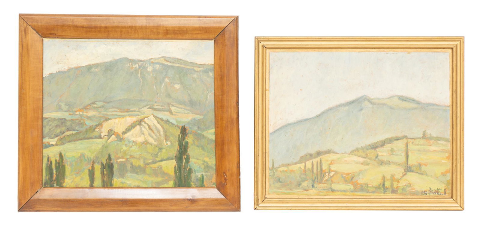 Rossetti, Pair of Mountain Landscapes, 1937: Rossetti, pair of mountain landscapes, oil on board, dated 1937, oil on canvas frame: 20"h x 22.5"w/ largest Provenance: A San Antonio, Texas collection We happily provide seamless shipping services o