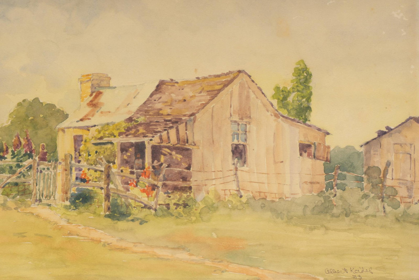 Albert Keidel, Farmhouse: Albert Keidel, farmhouse, watercolor, framed sight: 9.25"h x 13.75"w, frame: 17.75"h x 22.25"w We happily provide seamless shipping services on everything we sell. Please email us at shipping@vogtauct