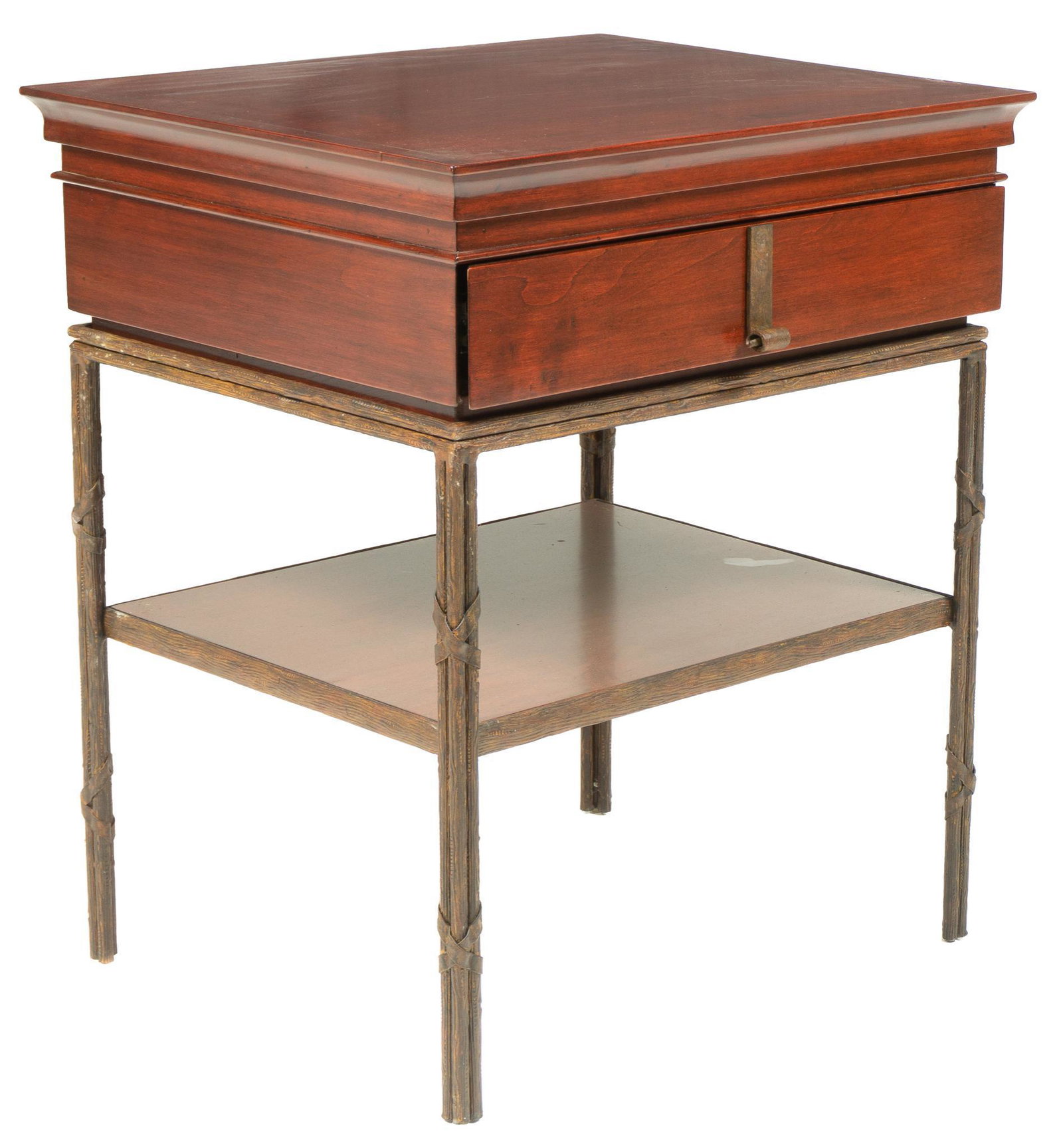 Contemporary Side Table: Contemporary side table featuring wooden bank of one drawer with metal scroll pull, supported by metal platform, featuring second tier, rising on fasces legs 30"h x 25.5"w x 21.5"d Provenance: A San A