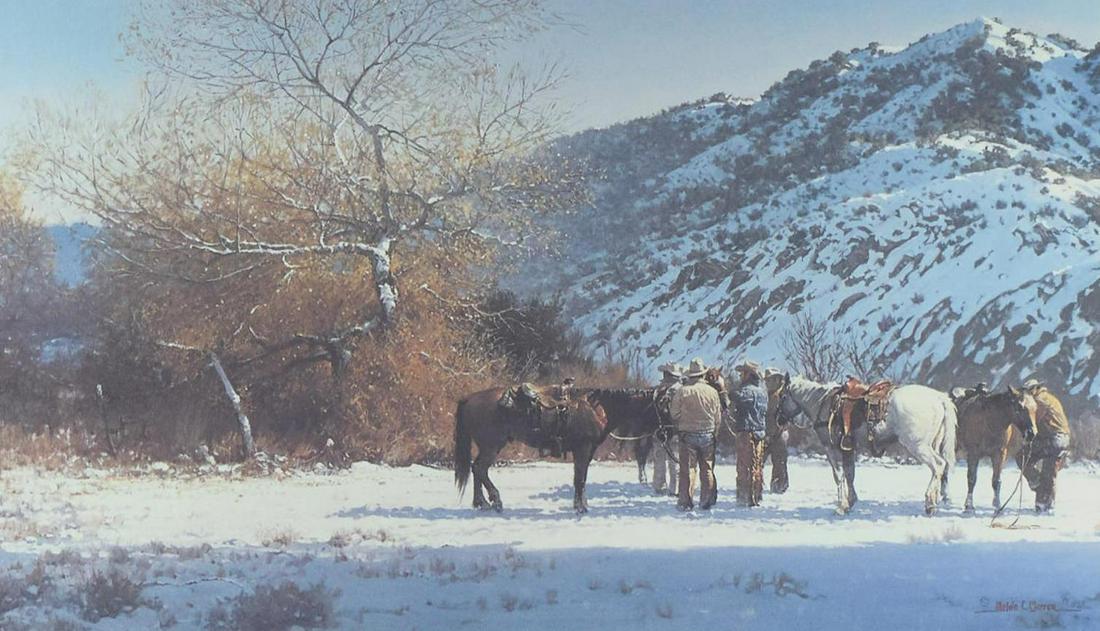 Melvin Warren, Winter Round Up: Melvin Warren, winter round up, signed lithograph, dated 217/500, framed frame: 17.5"h x 21.5"w Provenance: A Kerrville, Texas collection We happily provide seamless shipping services on everything we