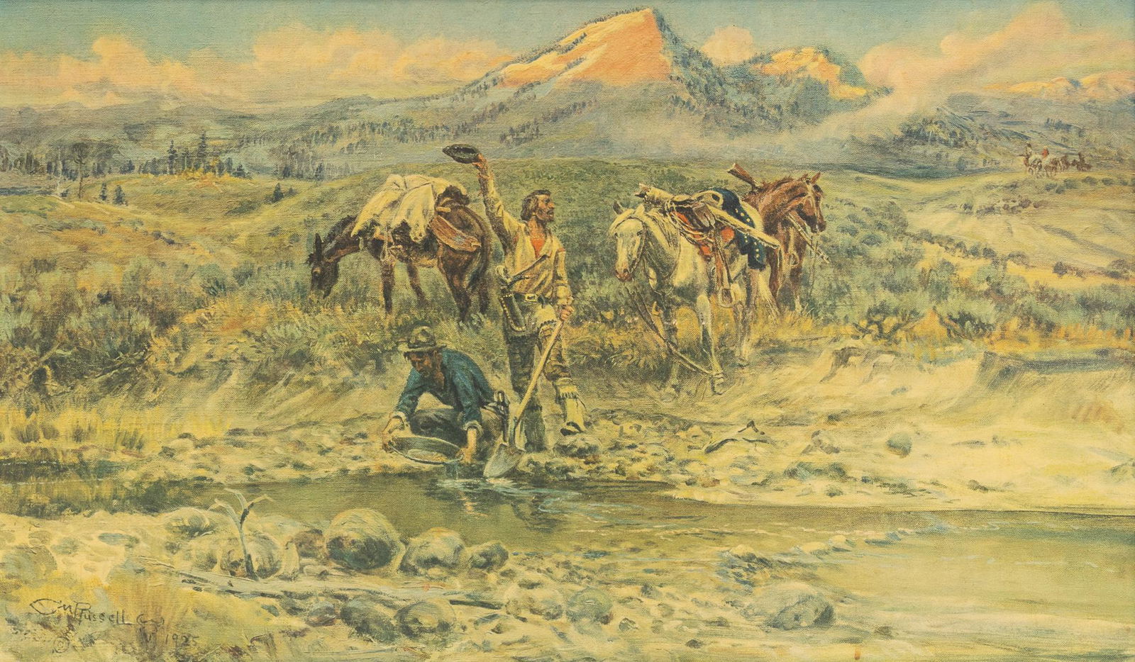 Charles M. Russell (1864-1926), Panning for Gold: Charles M. Russell (1864-1926), panning for gold, print, framed frame: 23" x 35"w Provenance: A Seguin, Texas collection We happily provide seamless shipping services on everything we sell. Please