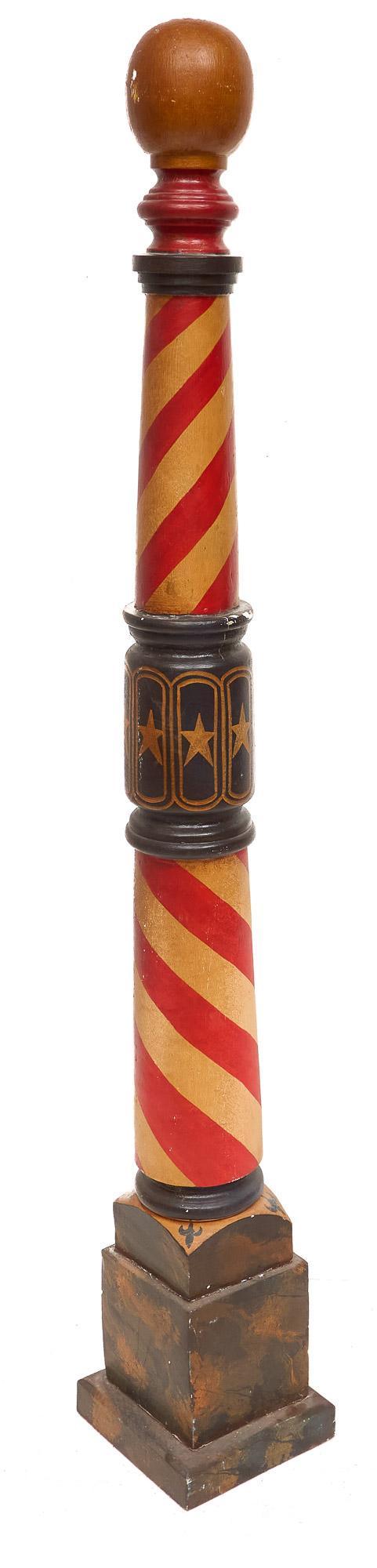 Vintage Barber Pole: Vintage wooden barber pole featuring iconic ball-top and red spiral, with fleur-de-lys details on base 61.5"h x 9"s Provenance: The Estate of Dr. Richard Garcia, San Antonio, Texas We happily provide 