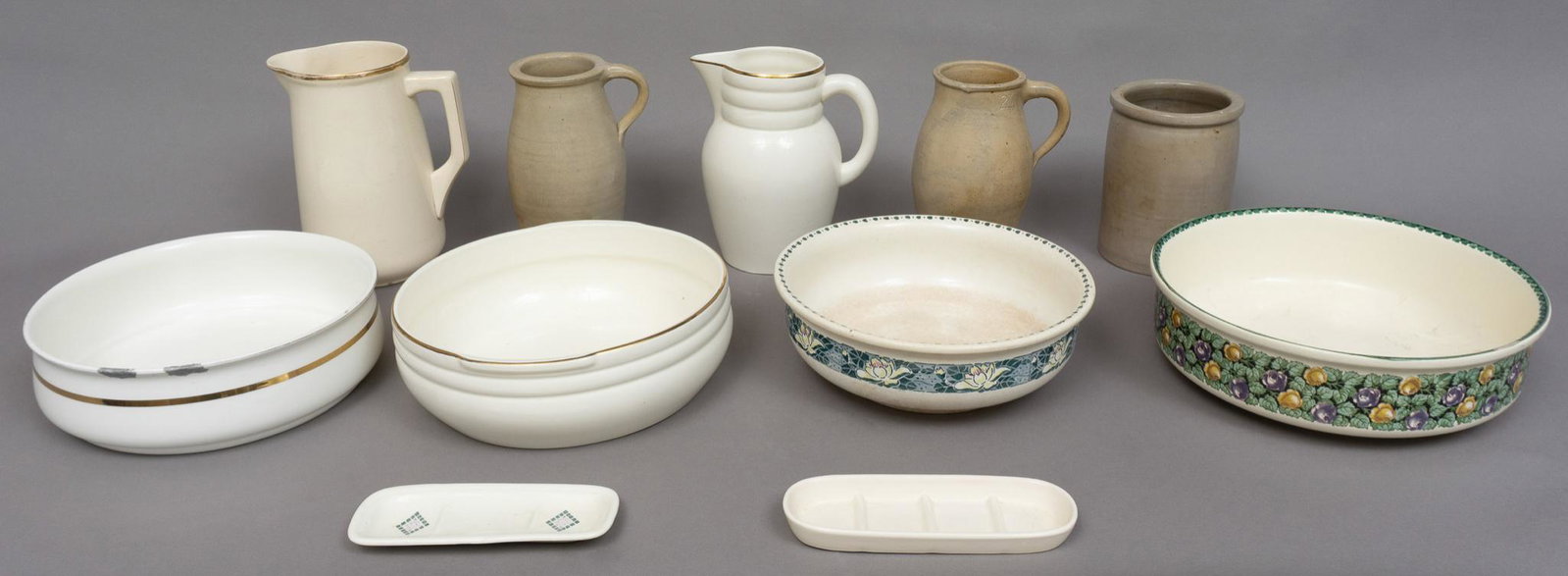Collection of 11 Farmhouse Kitchenware: Collection of eleven pieces of farmhouse kitchenware, featuring pottery crock, pitchers, bowls, etc, some marked, to include Villeroy @ Boch (made in Saar-Basin), Felix, etc 11"h x 15"d/ largest Prove