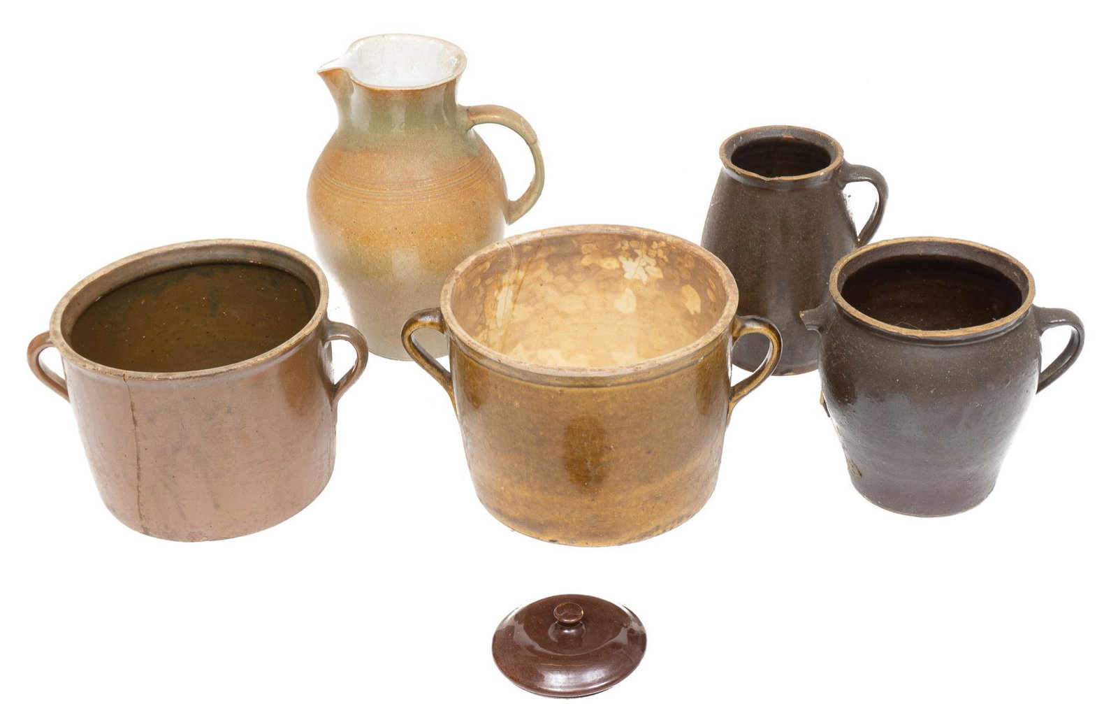 Collection of Rustic Pottery: Collection of six pieces of rustic pottery, to include lid, pitcher, crocks, etc 12"h x 14"w/ largest We happily provide seamless shipping services on everything we sell. Please email us at shipping@v