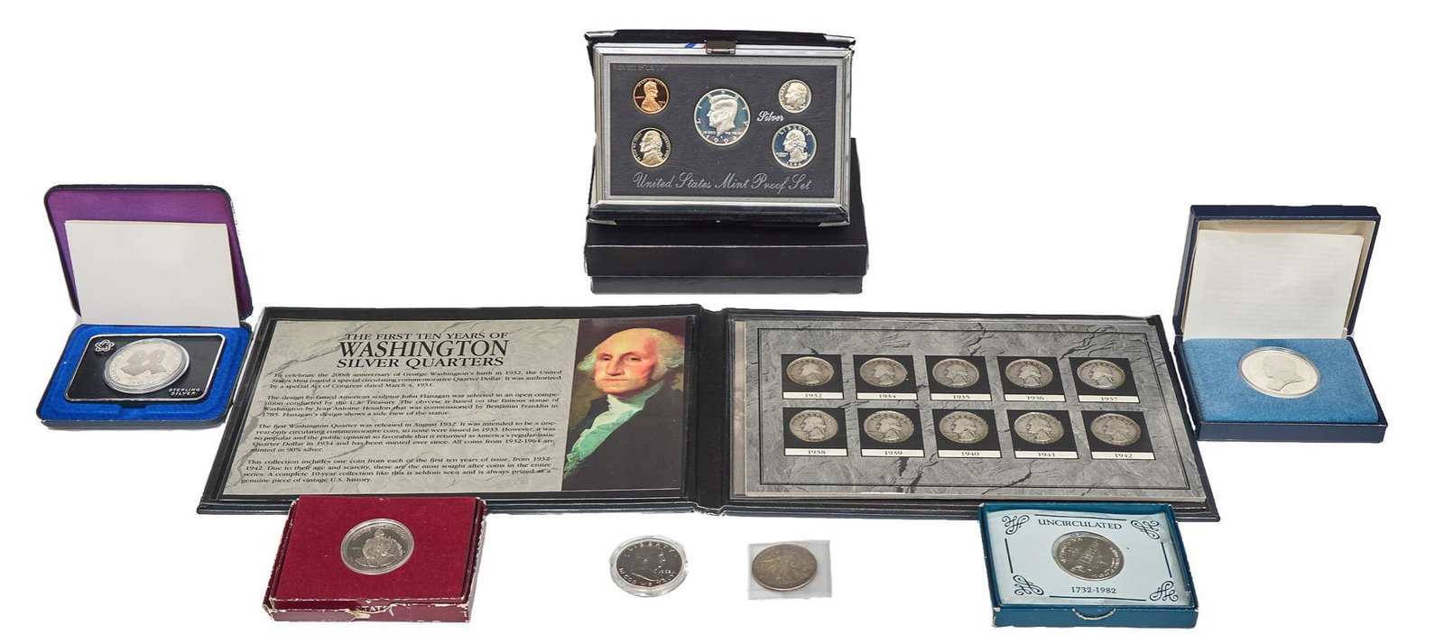 Patriotic American History Coin Collection Silver: (1) 1973 American Revolution Samuel Adams Patrick Henry Bicentennial Commemorative Silver Medal ASW Approx. .916 ozt (1) 1983 350th Anniversary Birth George Washington 90% Silver Half Dollar Proof Coi