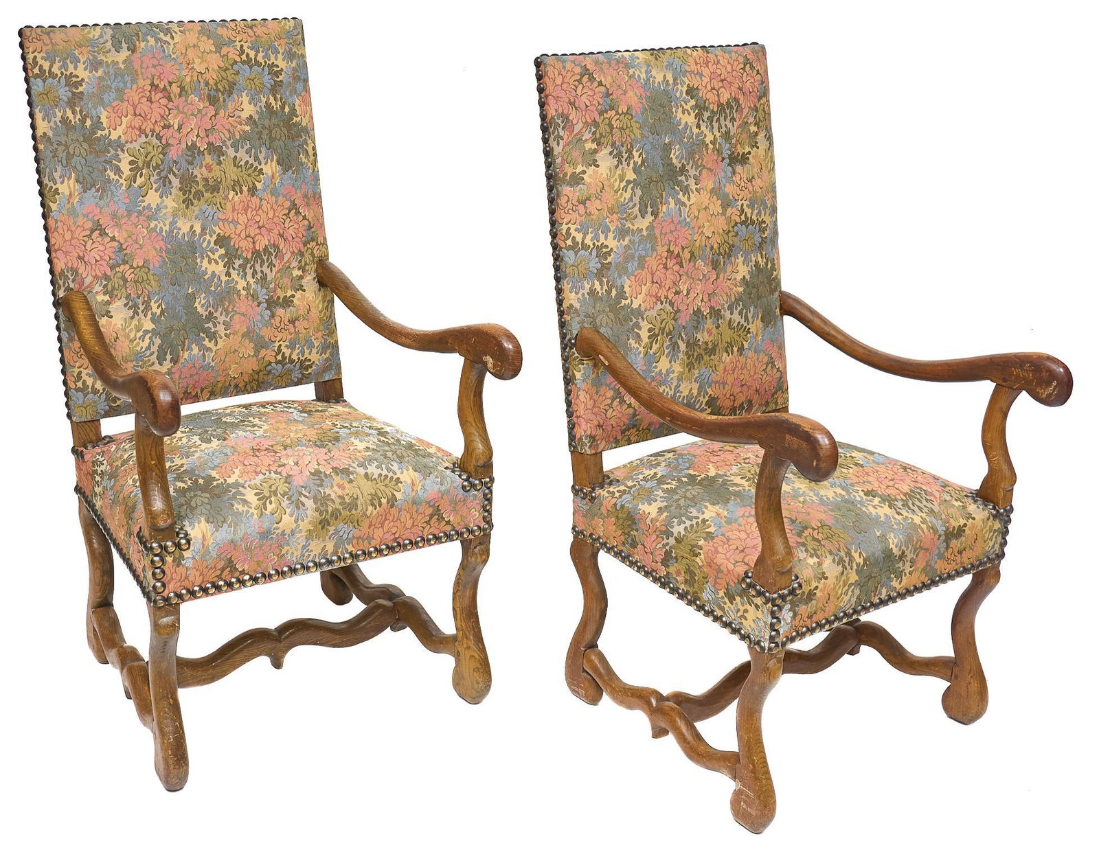 Pair of Louis XIII Style Armchairs: Pair of Louis XIII style armchairs having foliate upholstery, cabriole arms, and rising on cross-stretcher and cabriole legs 42"h x 19"w x 23"d/ each We happily provide seamless shipping s