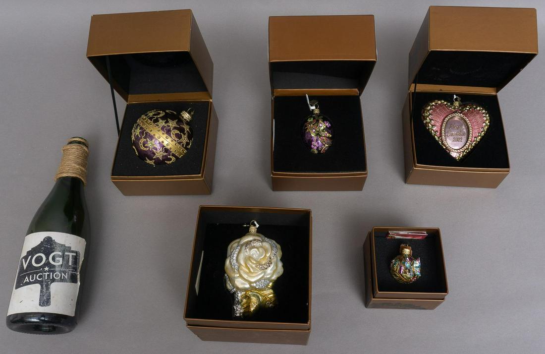 Jay Strongwater Art Glass Christmas Ornaments: Collection of five vintage Jay Strongwater Christmas ornaments, including original presentation boxes, heart inscribed 2002, butterfly, stars and moon, white rose Diameter: 1 1/4" to 3 7/8" Pr