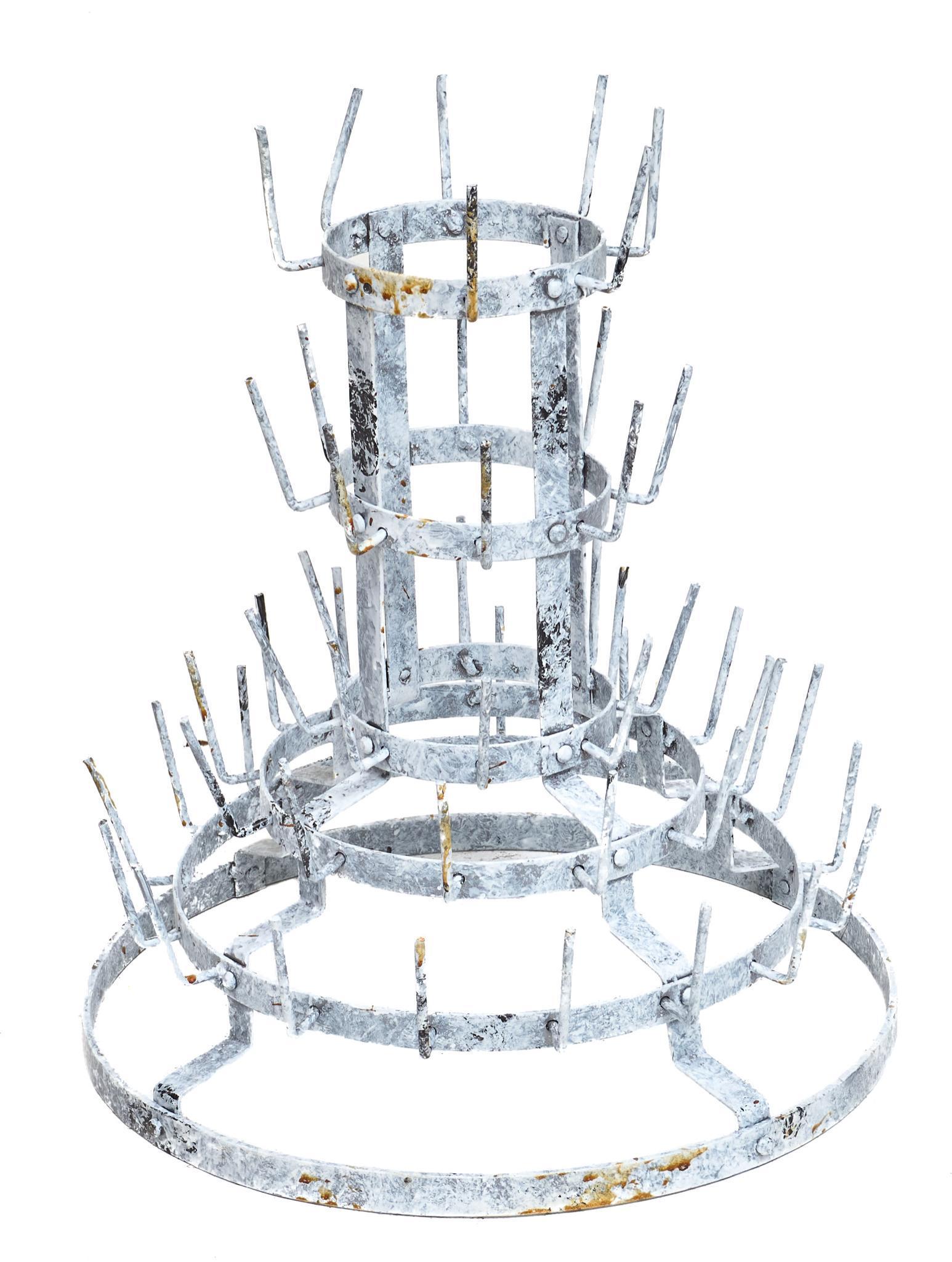French Vineyard Wine Bottle Drying Rack: Vintage French vineyard metal wine bottle drying rack, pyramid, holds many bottles 20"h x 9"d We happily provide seamless shipping services on everything we sell. Please email us at shipping&#