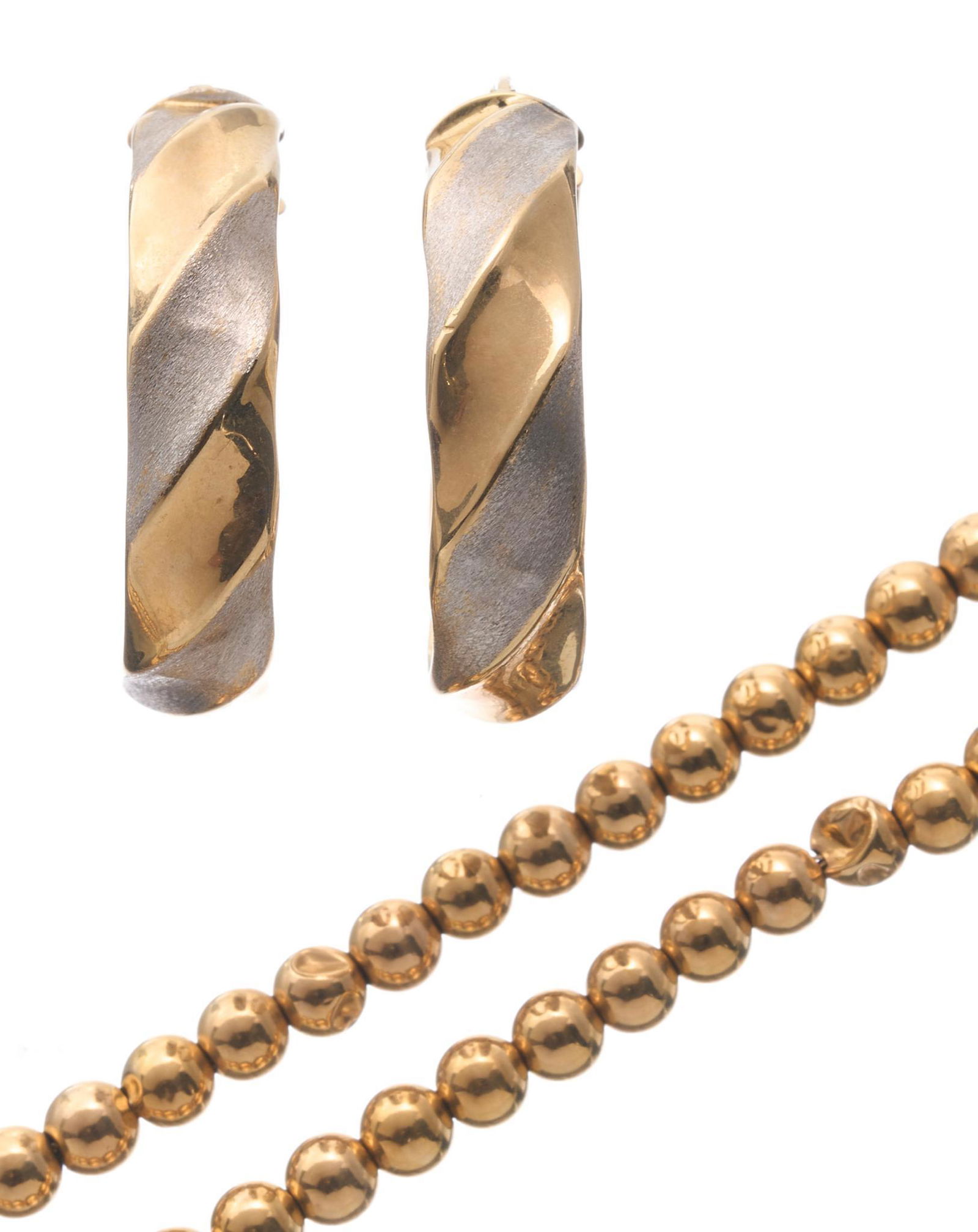 14k Gold Two Tone Gold Hoop Earrings and Bead Necklace (1 of 3)