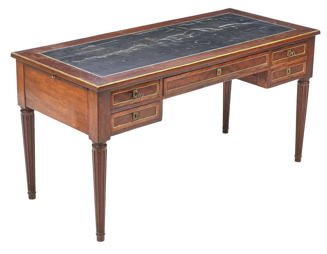 Louis XVI Style Desk: French Louis XVI style desk, featuring black leatherette top over five drawers, with two extendable writing surfaces, metal hardware with inlaid accents, rising on turned legs, includes three keys 29&