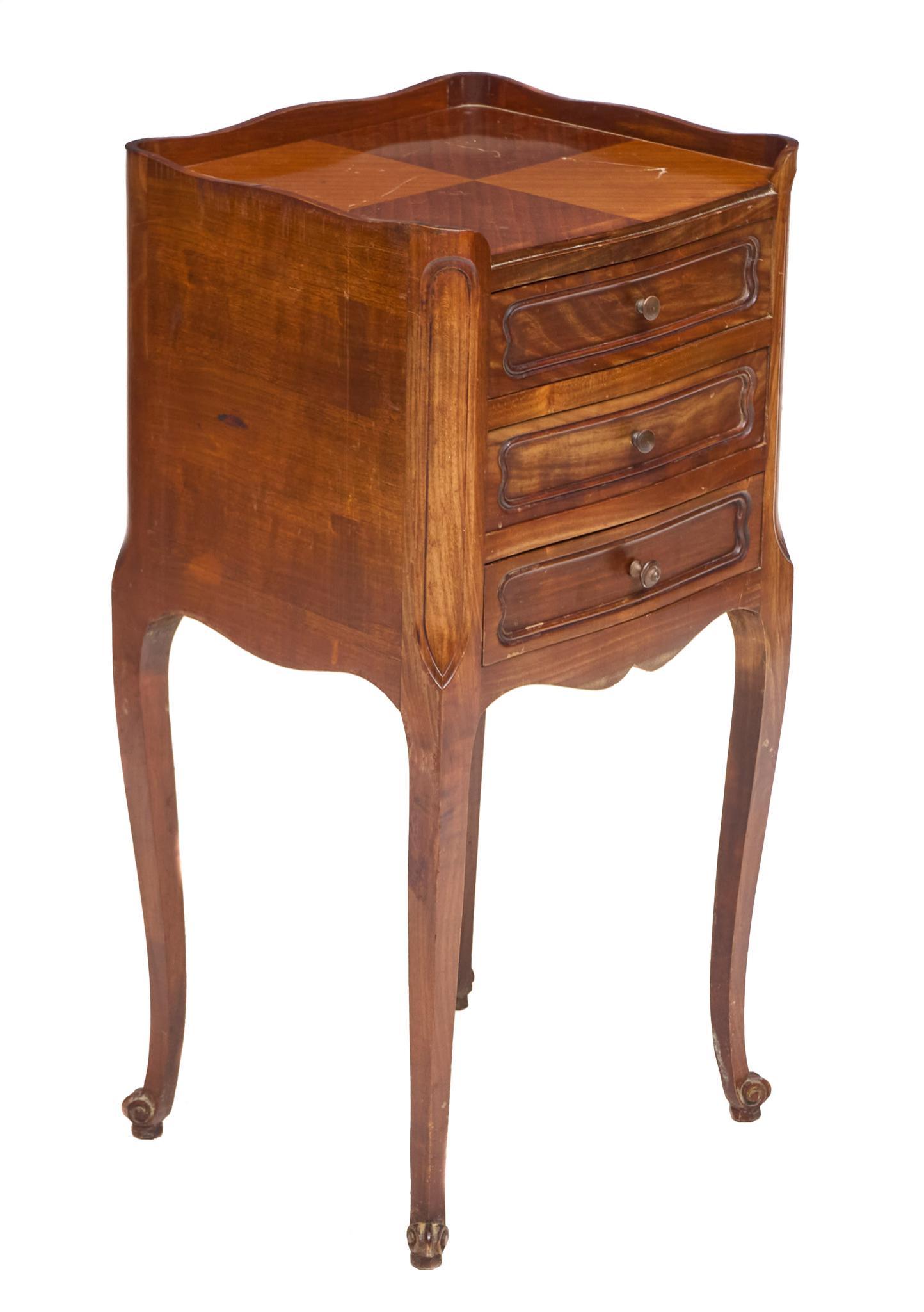 Louis XV Style Night Stand: French Louis XV style night stand, featuring carved mantle over three drawers, carved accents, rising on cabriole legs 29"h x 14"w x 12.5"d We happily provide seamless shipping services on
