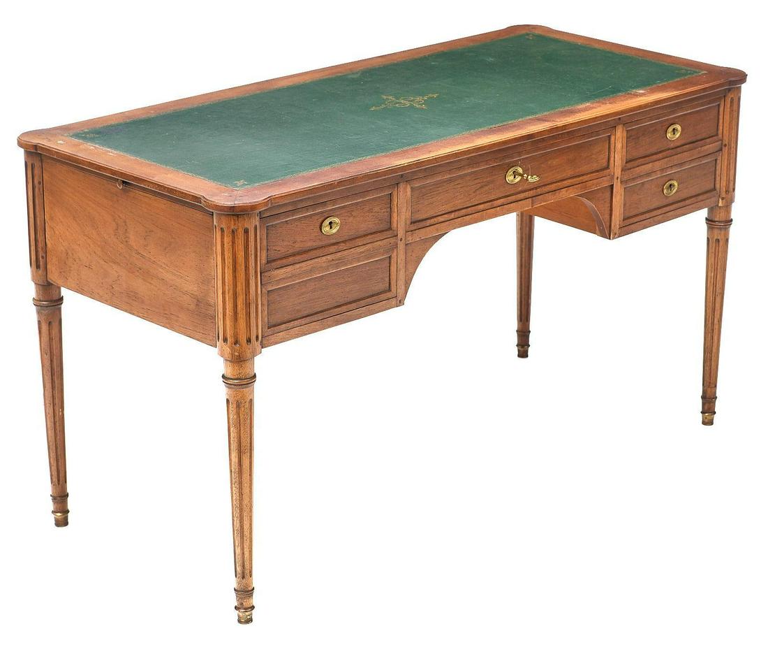 Louis XVI Style Desk: French Louis XVI style desk, featuring green leatherette top over five drawers, with gold tone hardware and flanking extendable writing surfaces, includes one key, rising on turned legs 30"h x 55&
