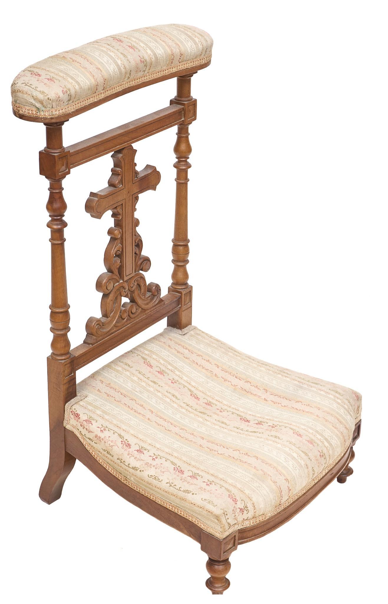 Prie-dieu Prayer Kneeler: Prie-dieu prayer kneeler having upholstered base, open carved cross motif and matching upholstered arm rest 33"h x 16.5"w x 19"d We happily provide seamless shipping services on everything