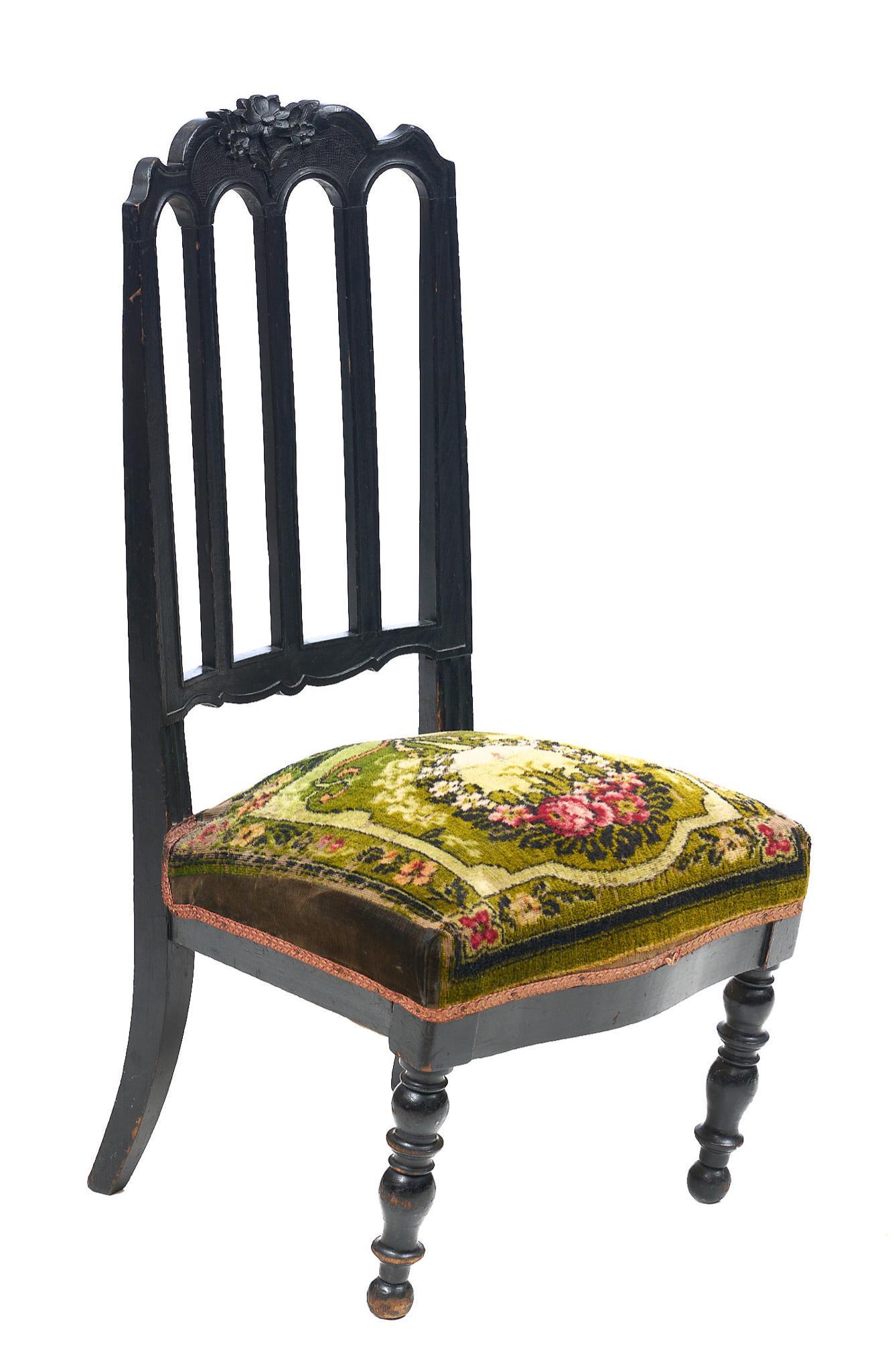 French Empire Style Prayer Chair: French Empire style prayer chair, featuring carved wooden frame with tapestry cushioned seat, rising on turned legs 36.5"h x 18"w x 16"d We happily provide seamless shipping services on ev