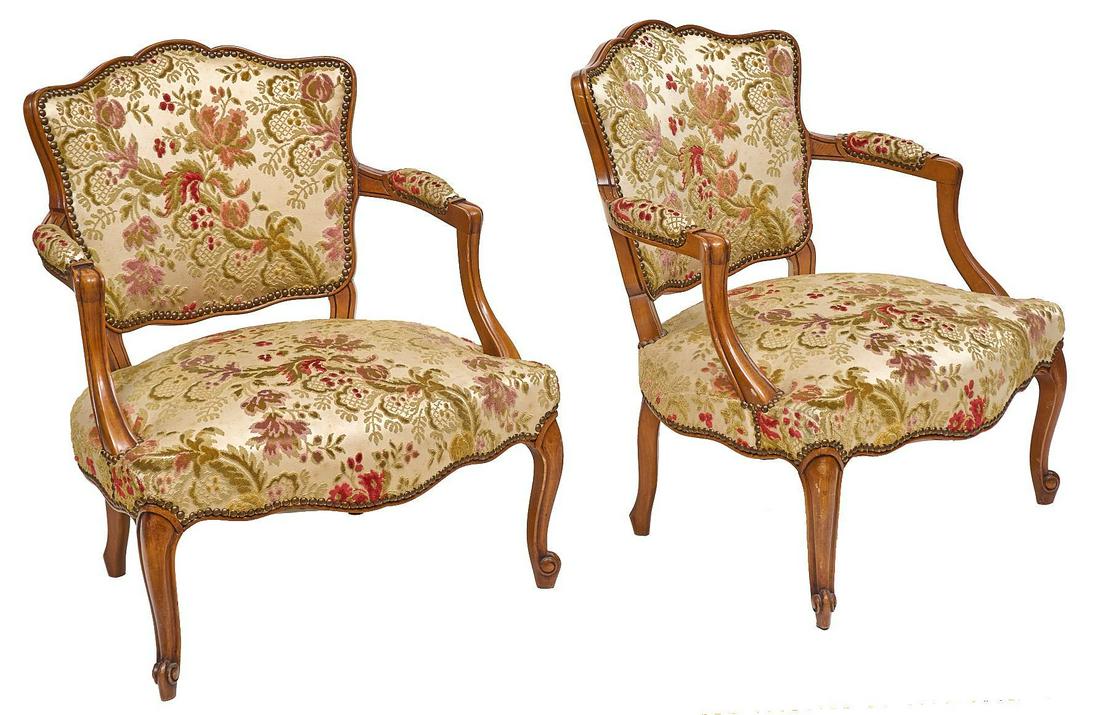 Pair of Louis XV Style Armchairs: Pair of Louis XV style armchairs having upholstered back and seats with velvet accents, rising on cabriole legs 30"h x 24"w x 21"d/ each We happily provide seamless shipping services on ev