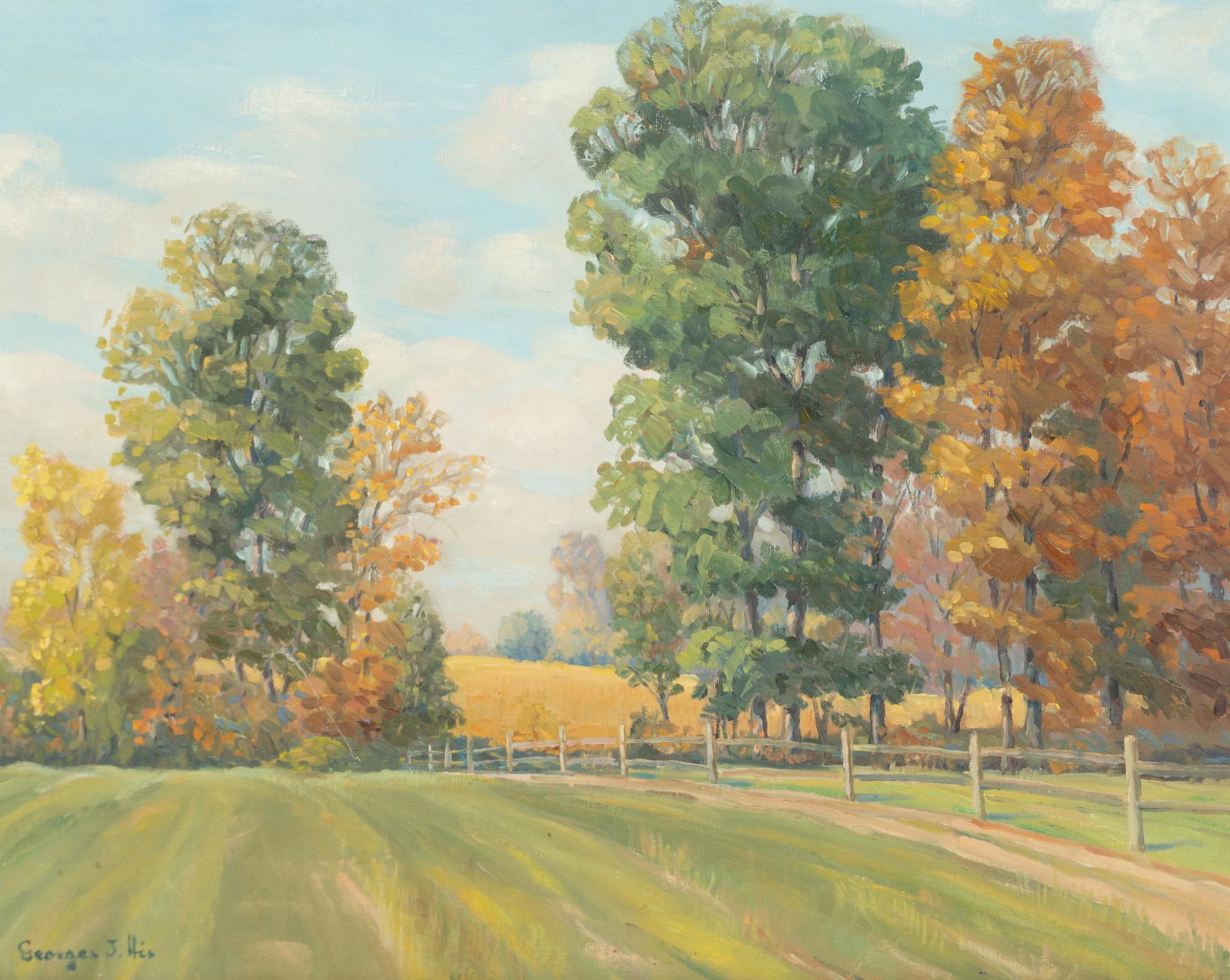 Georges J. His, Early Autumn Landscape: Georges J. His, early Autumn landscape, oil on canvas sight: 15 x 19.5", framed: 19 x 23" Provenance: The Estate of oil & gas entrepreneur Georges His, San Antonio, Texas We happily provide seamless s