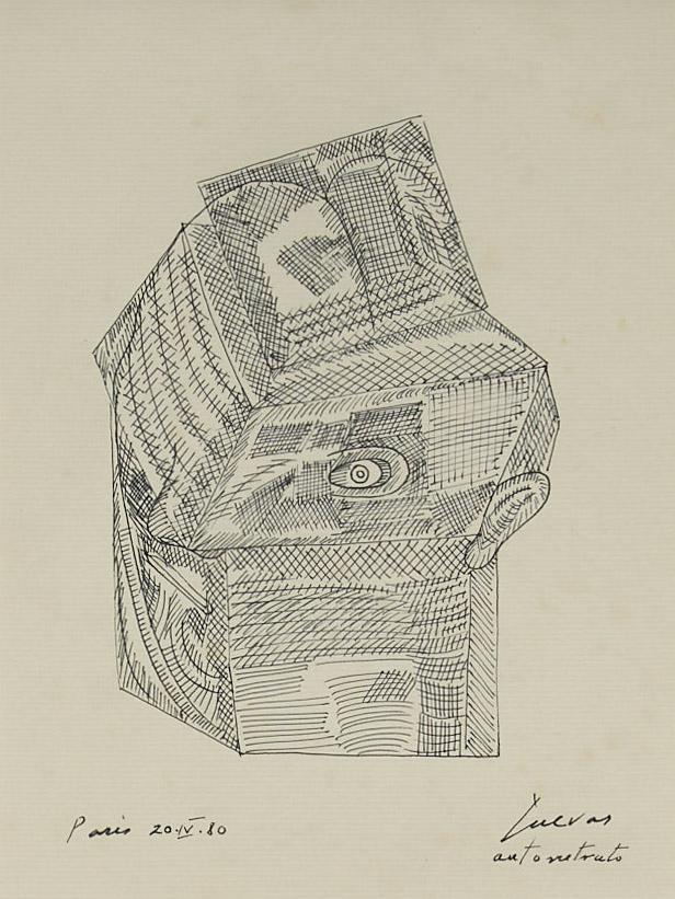 Luevar, "Paris 20 - IV - 80", 1980: Luevar, "Paris 20 - IV - 80", 1980, "autorretrato" ("self portrait"), ink on paper image: 9 x 6.5", frame: 15.5 x 13.5" Provenance: The Estate of Dr. Richard L. Garcia, San Antonio, Texas We happily p