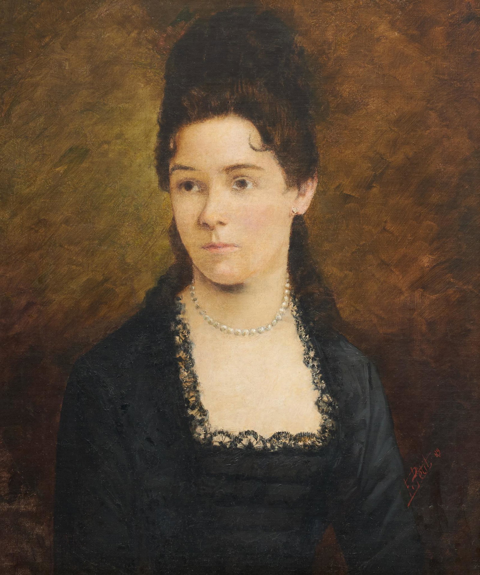 Francois Petit (1819-1892, FRA), Portrait, 1889: Francois Constant Petit (1819-1892, France), portrait of a young woman, 1889, oil on canvas sight: 24 x 19.5", frame: 30 x 26" Condition: Recently conserved by Anne Zanikos (San Antonio, Texas) Proven