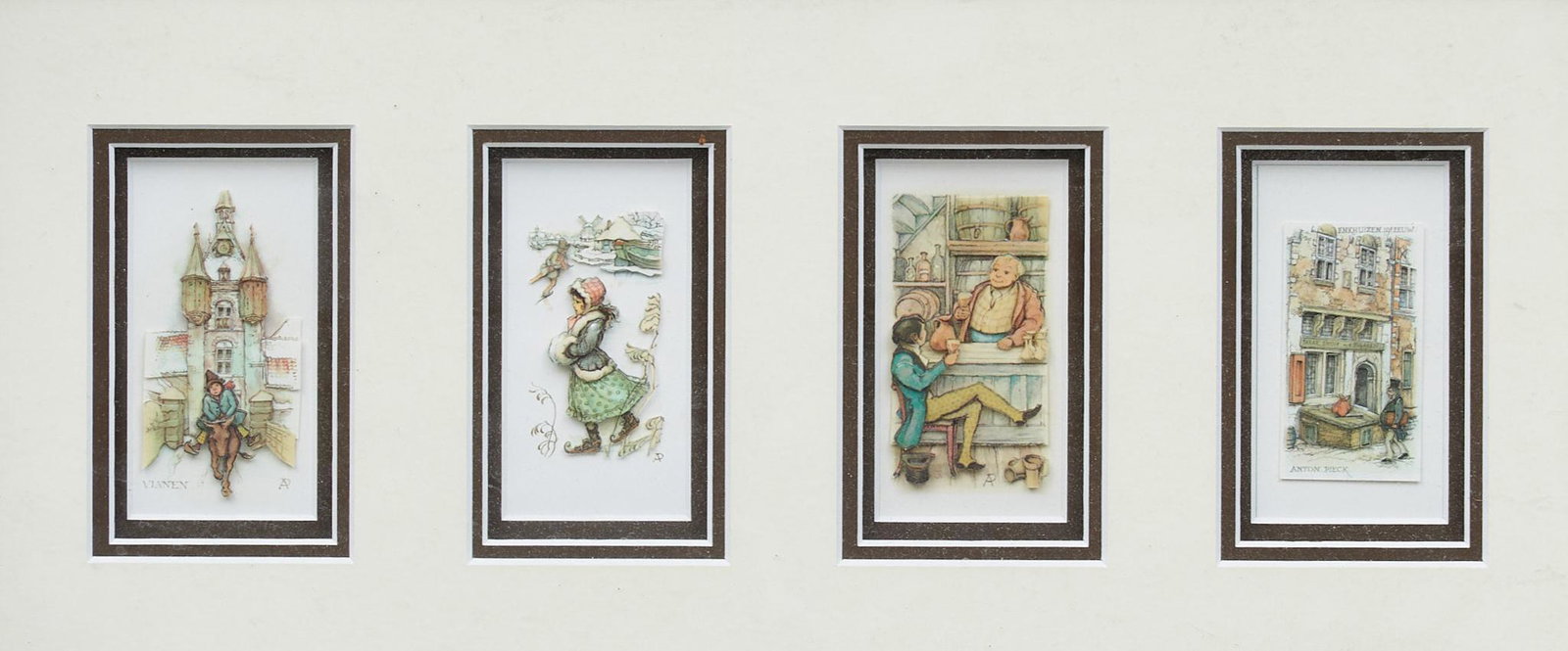 Anton Pieck (1895-1987, NL), Four Scenes from Vianen: Anton Franciscus Pieck (1895-1987, Netherlands), four scenes from Vianen (central Netherlands), paper, silicone paste, and enamel image: 5 x 3" each, frame: 12 x 22.5" Provenance: A Castle Hills, Texa