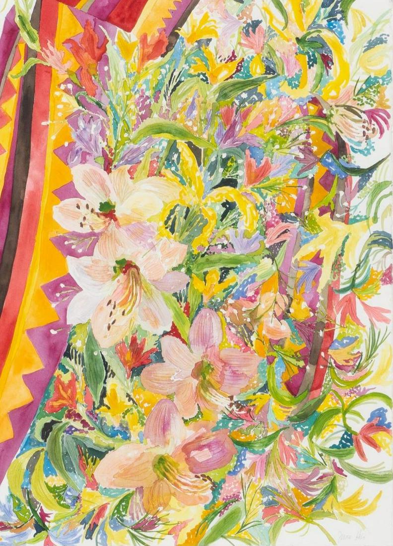 June His (1931-2017, TX), "Tapestry of Flowers": June Ledlow His (1931-2017, Texas), "Tapestry of Flowers", watercolor sight: 30 x 22", frame: 37 x 29" Provenance: The Estate of oil & gas entrepreneur Georges His, San Antonio, Texas In San Antonio, 