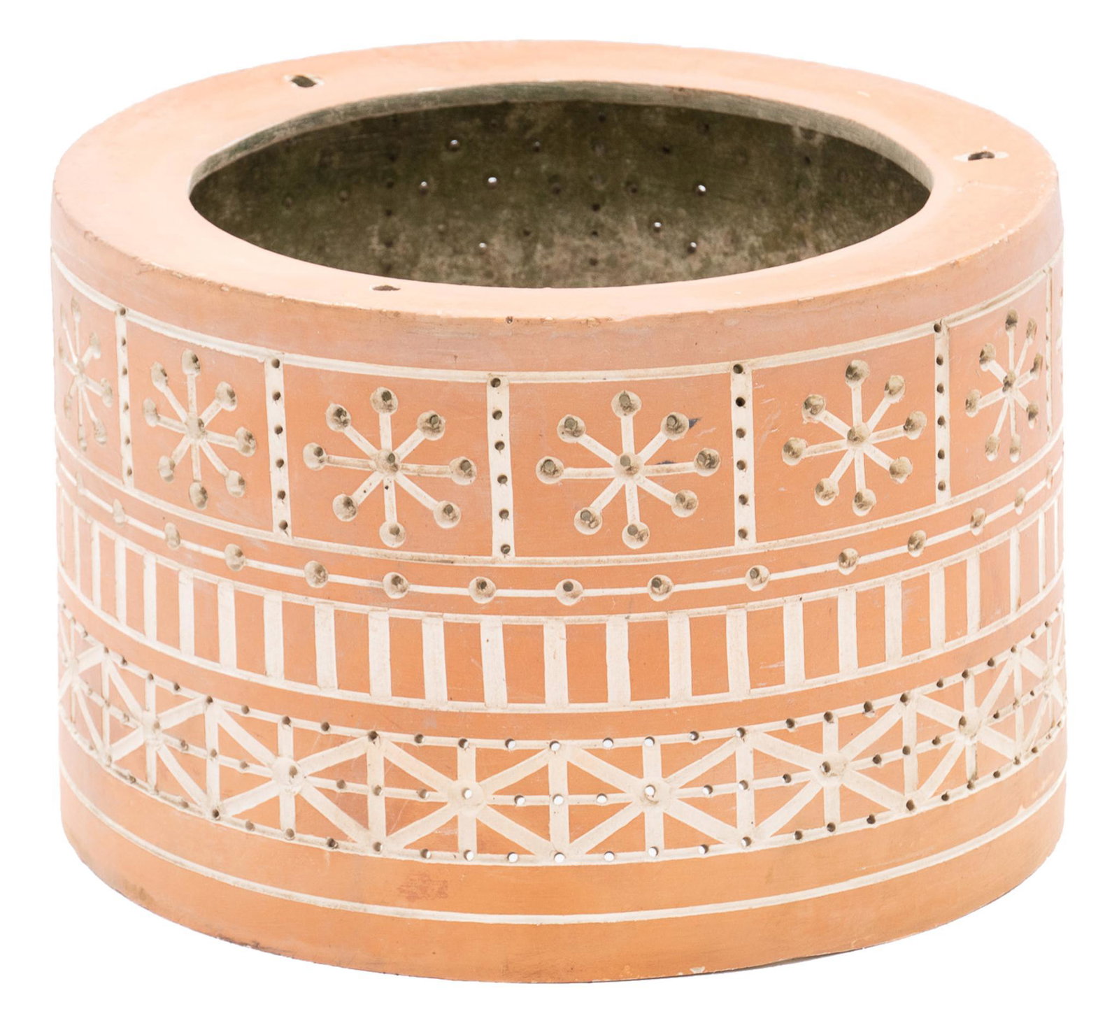 Beaumont Mood (San Antonio, TX) Light Fixture: Vintage perforated ceramic pendant light fixture by acclaimed San Antonio maker Beaumont Mood, textured terracotta 16"h x 16"w x 10.5"d Provenance: A San Antonio, Texas Collection Martha Mood (1908