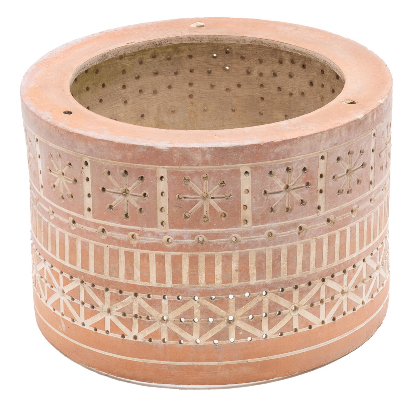 Beaumont Mood (San Antonio, TX) Light Fixture: Vintage perforated ceramic pendant light fixture by acclaimed San Antonio maker Beaumont Mood, textured terracotta 16"h x 16"w x 10.5"d Provenance: A San Antonio, Texas Collection Martha Mood (1908