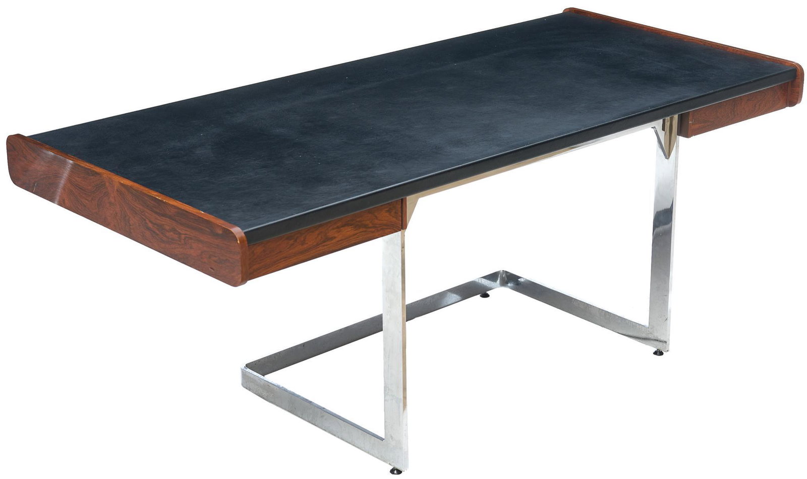 Ste. Marie and Laurent Cantilevered Desk: Ste. Marie & Laurent (Montreal, Canada) floating desk, circa 1970, featuring black leatherette top rosewood frame, with two drawers, rising on chromed steel base 28"h x 72"w x 34"d We happily provide 