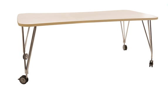 Ferruccio Laviani (b. 1960, ITA) for Kartell Max, Table: Kartell Max table, white with wheels, designed by Ferruccio Laviani (b. 1960, Italy), featuring white laminate top over metal wire base with wheels 29"h x 74.5"w x 35.5"d Condition: Minor scuffs Bo