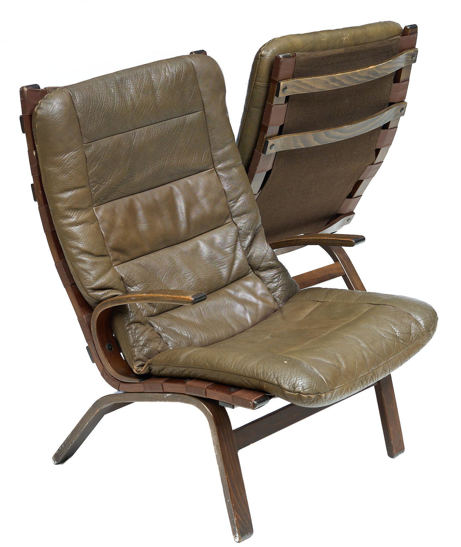 Pair of Danish Mid-Century Leather Lounge Chairs: Pair of Danish Mid-Century lounge chairs, featuring brown leather cushions on bent wood frame 37"h x 25"w x 31"d/ each We happily provide seamless shipping services on everything we sell. Please email