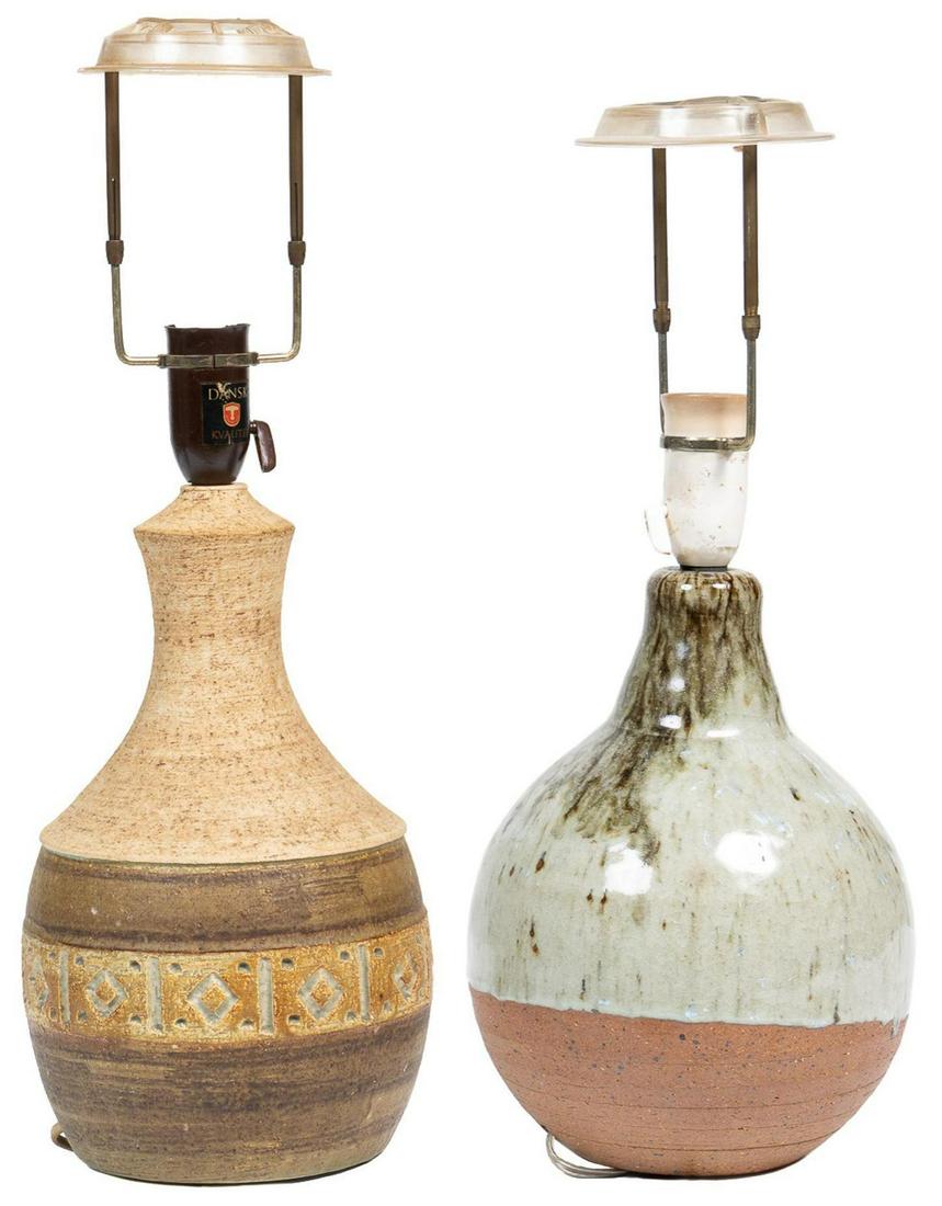 Danish Mid-Century Pottery Lamps (2): Two Danish Mid-Century pottery table lamps, with textured accents, featuring Chris Haslev (20th C., Denmark) for JETI 20.5"h x 8"d/ largest We happily provide seamless shipping services on everythin