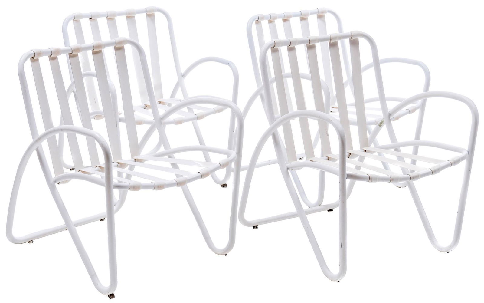 Set of 4 Brown Jordan (20th C., California) Lawn Chairs: Set of four Brown Jordan (20th C., California) Mid-Century Tamiami lawn chairs, white 31"h x 25"w x 28"d/ each Founded in 1945 by Robert Brown and Herbert Jordan in Pasadena, California, Brown Jorda