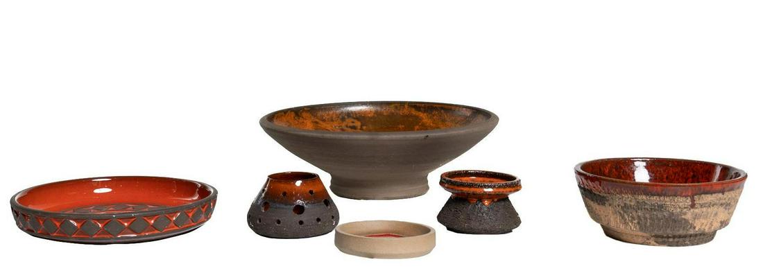 Collection of (6) Danish Mid-Century Pottery: Collection of six pieces of Danish Mid-Century glazed pottery, to include Michael Andersen & Sons (20th C., Denmark), Vald Jochumsen (20th C., Denmark) 15"h x 15"w x 4.5"d/ largest We happily provid