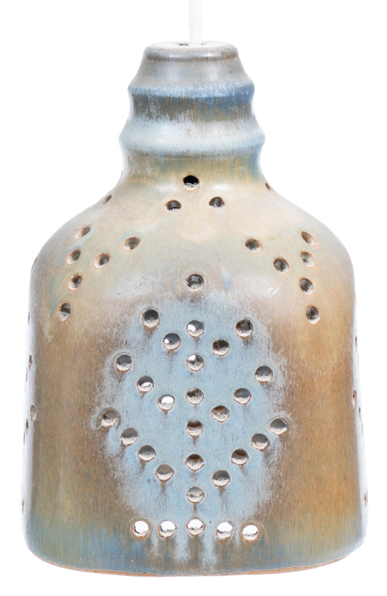Danish Design Mid-Century Chandelier: Danish design Mid-Century pendant chandelier light fixture, glazed pottery with perforations throughout 10"h x 7"d We happily provide seamless shipping services on everything we sell. Please email us 