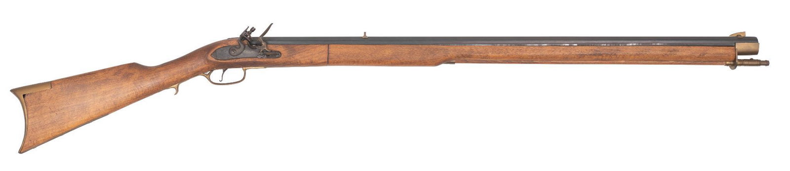 Spanish Jukar Reproduction .45Cal. Flintlock Rifle: Serial: 0077792 Manufacturer: Jukar Spain Model: N/A Caliber: .45cal. (barrel marked: 11.3) Barrel length: 33.5" Condition: Fair; wood stock has light handling marks; missing brass washer between two 